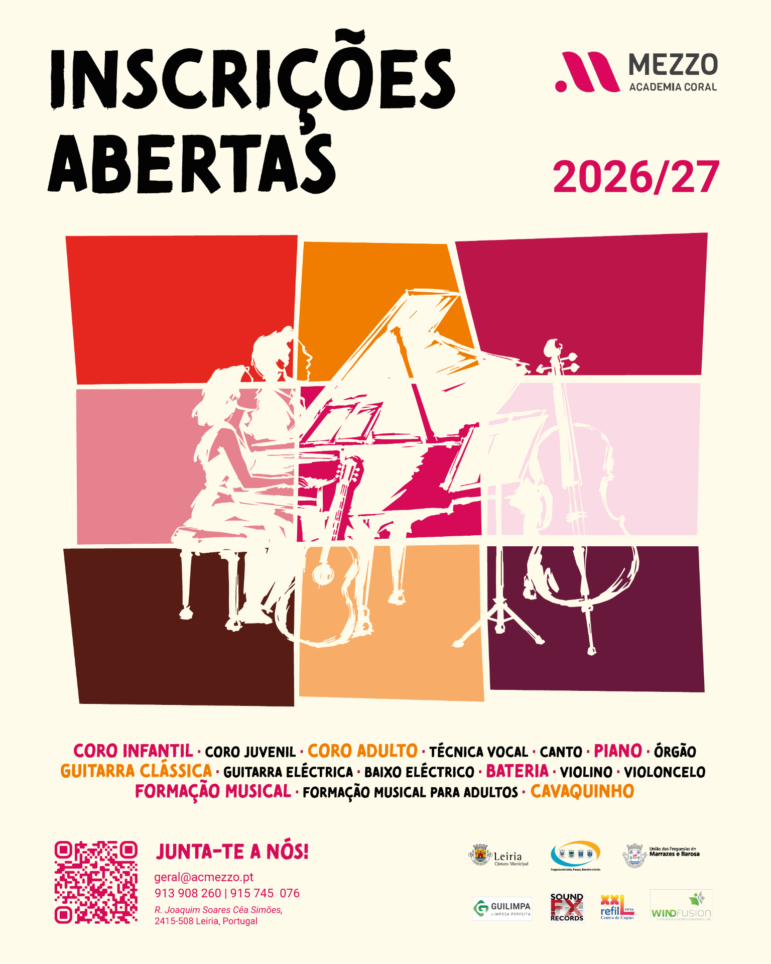 Cartaz colorido “Inscrições Abertas” com músicos estilizados, instrumentos e informações da MEZZO Academia Coral 2026/27.